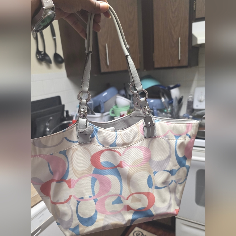 Coach Cream Tote with Pastel Pink & Blue Signature 'C' Print